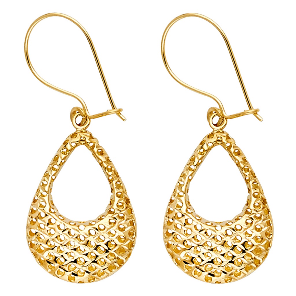 14k Yellow Gold Hollow Perforated Hanging Earrings